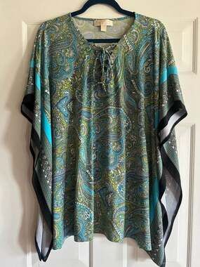 Michael Kors Paisley Kaftan Poncho Top, Teal & Green, Size 1X